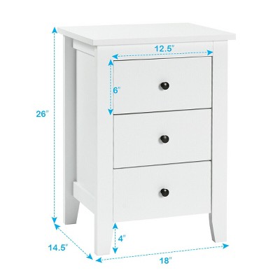 White 3-Drawer Wooden Nightstand Set with Black Knobs