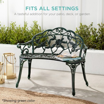 Elegant Antique-Style Rose Accented White Metal Garden Bench