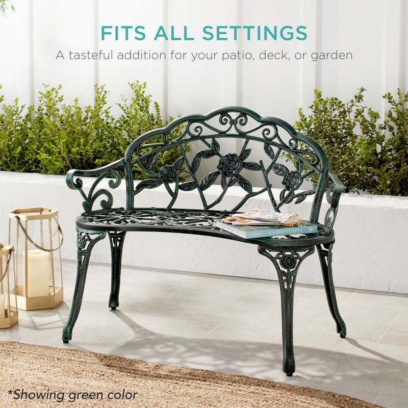Best Choice Products Outdoor Bench Steel Garden Patio Porch Furniture w/ Floral Accent, Antique Finish, 2 of 10