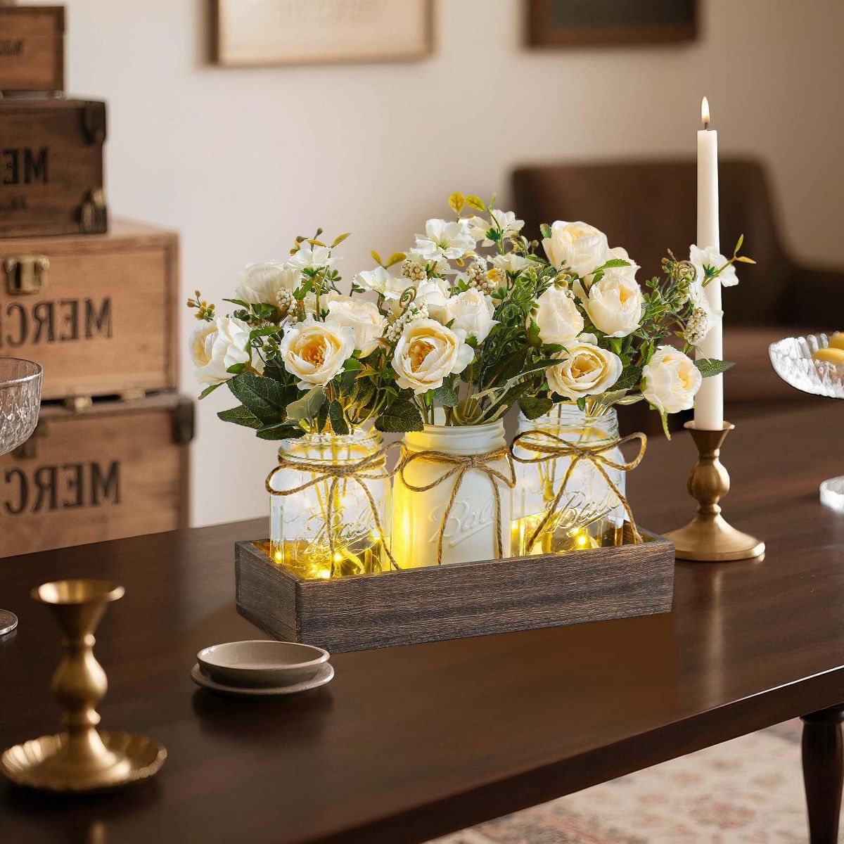 3 PCS Mason Jar Centerpiece for Table with Artificial Flowers, Coffee Table Decor with Wood Tray, Summer Decoration For Dining Room Kitchen - thumbnail 10