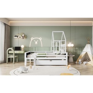 DOMETOUR House Bed with Ladder & Storage Drawers, Solid Wood Platform Frame, Blackboard Design, No Box Spring Needed, White - 1 of 4