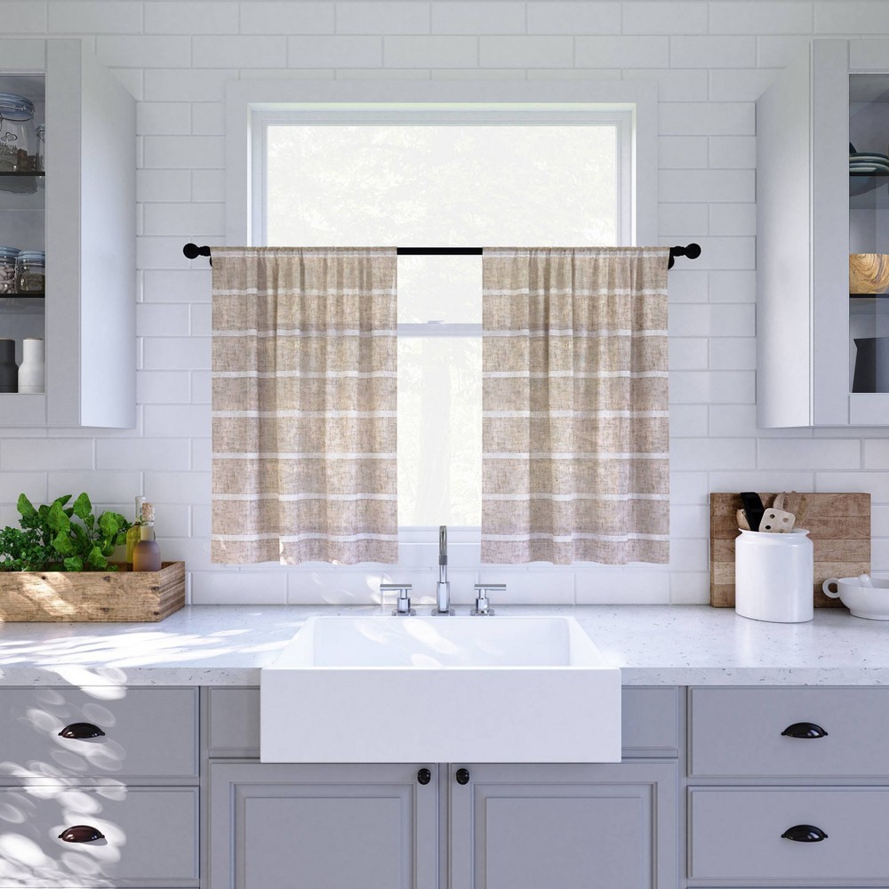 Set of 2 (24"x52") Twill Striped Anti Dust Sheer Cafe Curtain White/Beige - Clean Window: Kitchen Tier Curtains, 3" Rod Pocket
