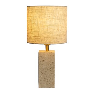 ALOADECOR 16'' Natural Modern Rectangular Small Travertine Stone Base Bedside Table Lamp with Beige Linen Shade for Bedroom Living Room - 1 of 4