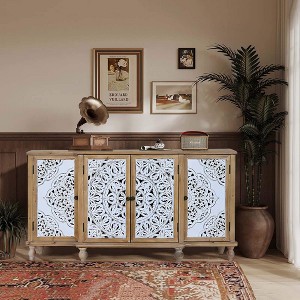 ORRD 4-Door Distressed Wood Cabinet, Hollow-Carved Design w/ Adjustable Shelves - Kitchen, Living Room, Entryway - 1 of 4