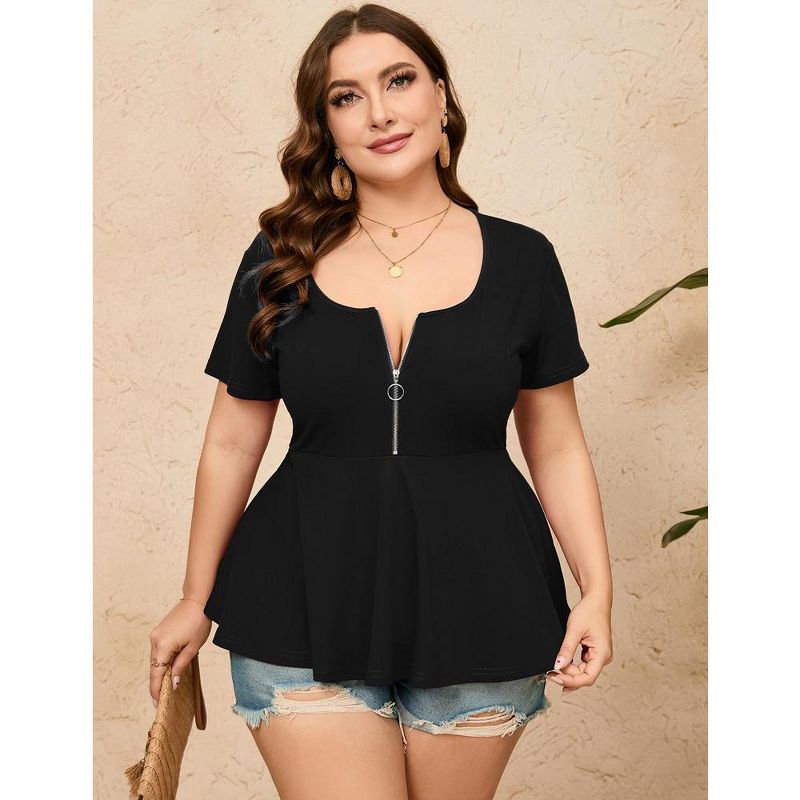 Whizmax Women Plus Size Sexy Half Zipper T-shirt Dressy Blouses Short Sleeve Babydoll Peplum Summer Tops, 2 of 8