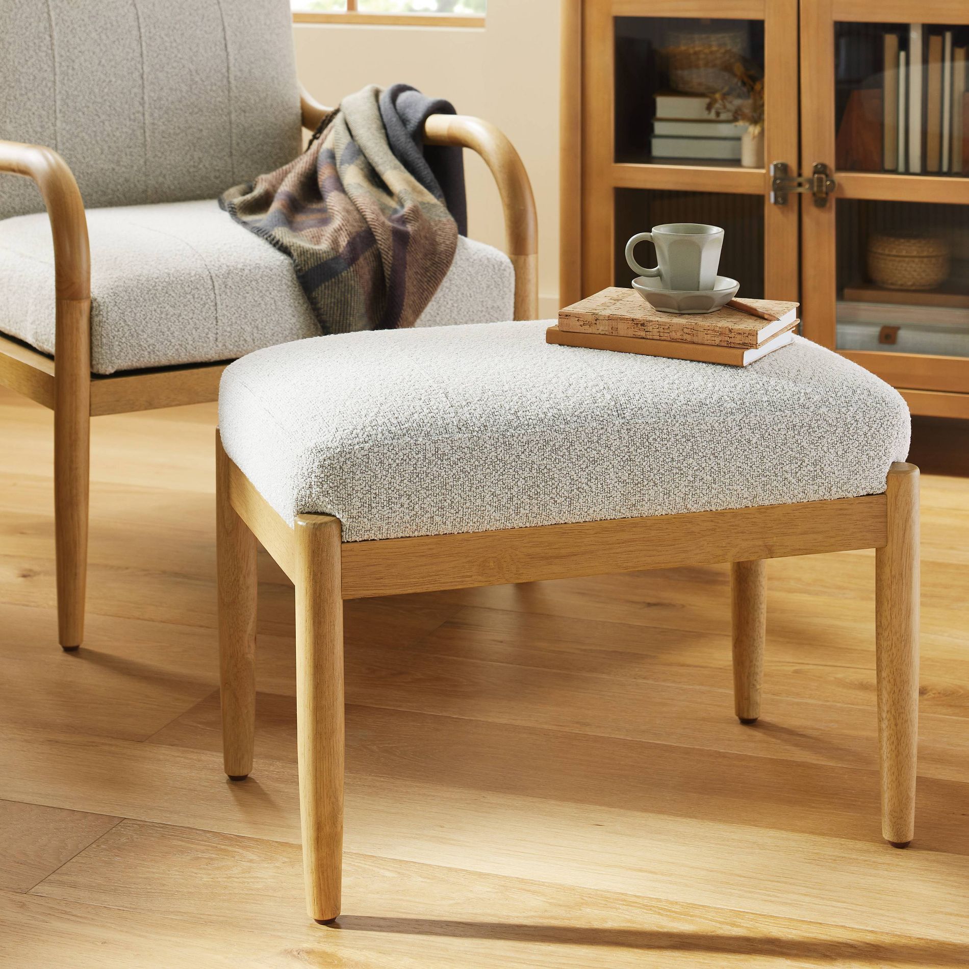 Boucle Upholstered Wood Ottoman - Oatmeal - Hearth & Hand™ with Magnolia: Comfortable Footrest, No Assembly Required