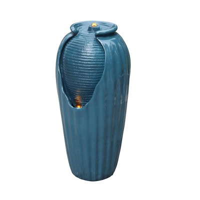 31.89" Resin Glazed Vase Outdoor Floor Fountain with LED Light - Blue - Teamson Home