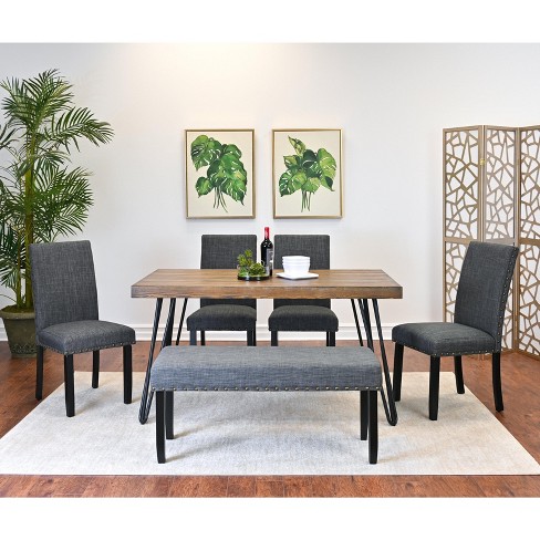 Roundhill Furniture Amisos Dining Set, Hairpin Dining Table with 4 Chairs and Upholstered Bench, 6-Piece - image 1 of 4