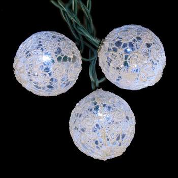 Kurt S. Adler 10 White LED Lace Ball Christmas Lights - 10 ft Green Wire