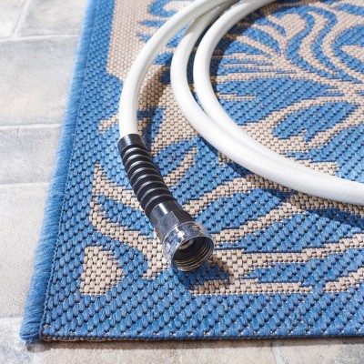 Cream and Blue Geometric Synthetic Square Area Rug 79" x 79"