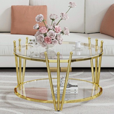 Dolonm Modern Luxury Gold End Table for Living Room, Round 8mm Black Tempered Glass Sofa Side Table