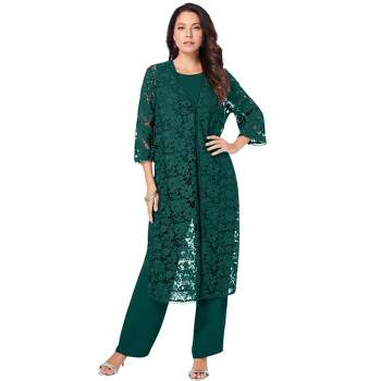 Roaman's Women's Plus Size Three-Piece Beaded Pant Suit Formal Evening Wear  Set, Mother Of The Bride Outfit 