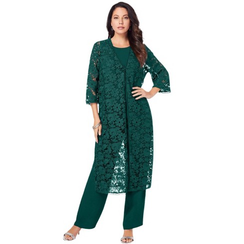 Roaman's Women's Plus Size Three-Piece Lace Duster & Pant Suit, 16 W -  Emerald Green