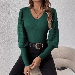 Women's Ribbed V-Neck Top with Textured Puff Sleeves - Slim-Fit Knit Blouse for Casual & Dressy Occasions - 1 of 4