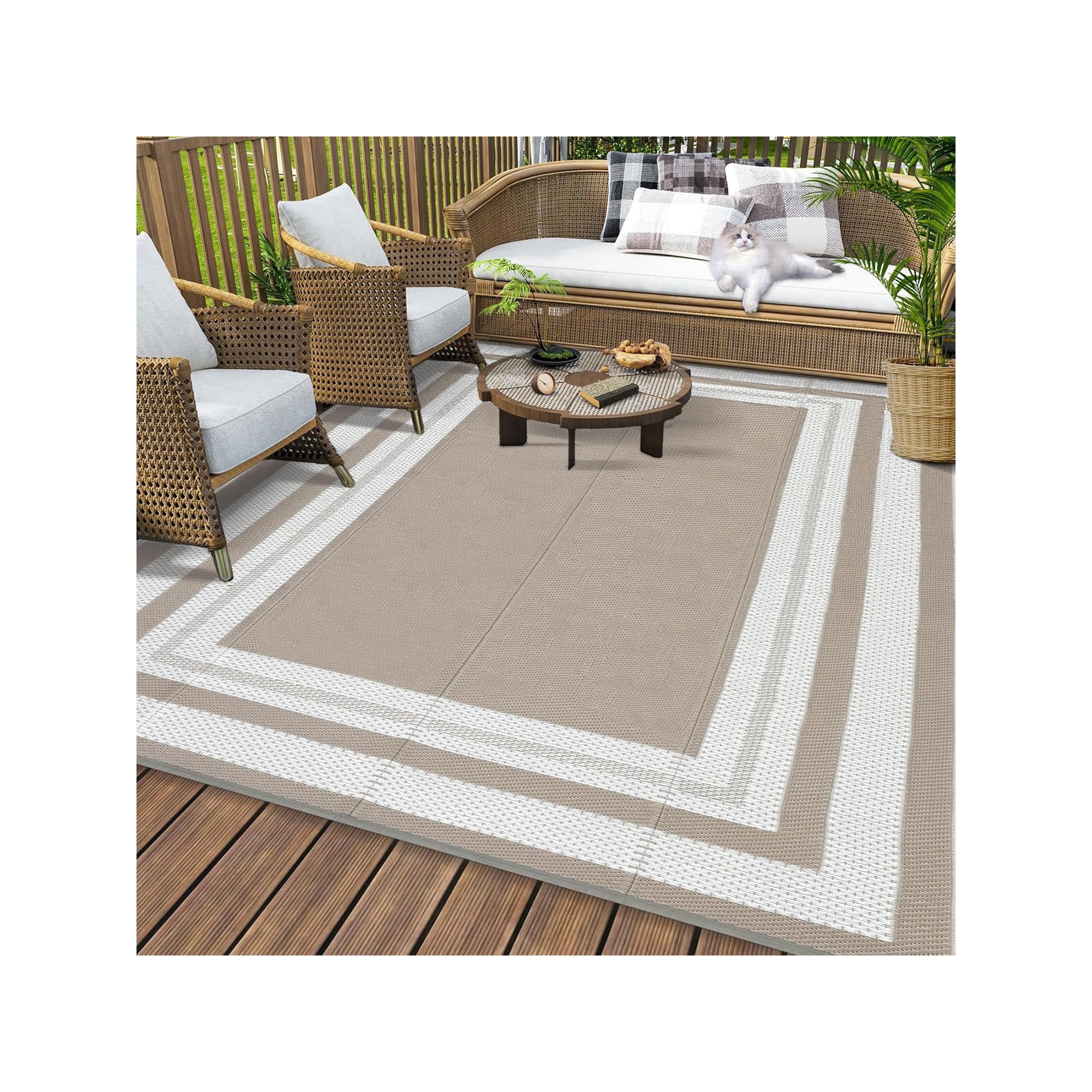 9x12 Waterproof Reversible Straw Rug with Carry Bag & Border for Camping, RV, Deck & Backyard in Grey/Coffee