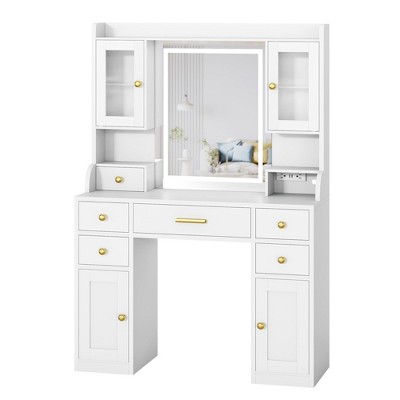 Makeup Vanity Desk - Vanity Desk Dressing Table with Touch Screen Mirror, LED Lights, Charging Station, Storage Cabinet, Drawer for Women Girls