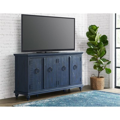 Rustic Blue 65" Solid Pine Wood TV Stand with Cabinet