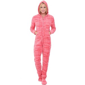 ADR Women's Plush Fleece One Piece Hooded Footed Zipper Pajamas, Soft Adult Jumpsuit PJs with Hood - 1 of 4