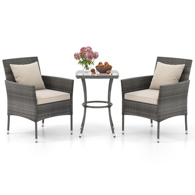Tangkula 3-Piece Patio Furniture Set PE Wicker Conversation Bistro Set w/ A Tempered Glass Table