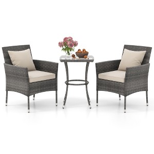 Tangkula 3-Piece Patio Furniture Set PE Wicker Conversation Bistro Set w/ A Tempered Glass Table - 1 of 4