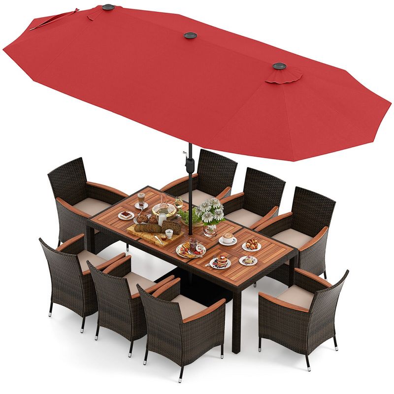 Tangkula 9 Piece Patio Wicker Dining Set w/ Double-Sided Patio Wine Umbrella Stackable Chairs, 1 of 11