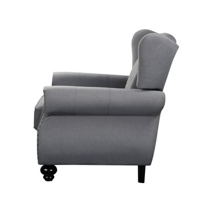 Gray Fabric Camelback Sofa with Floral Cushions and Nailhead Trim
