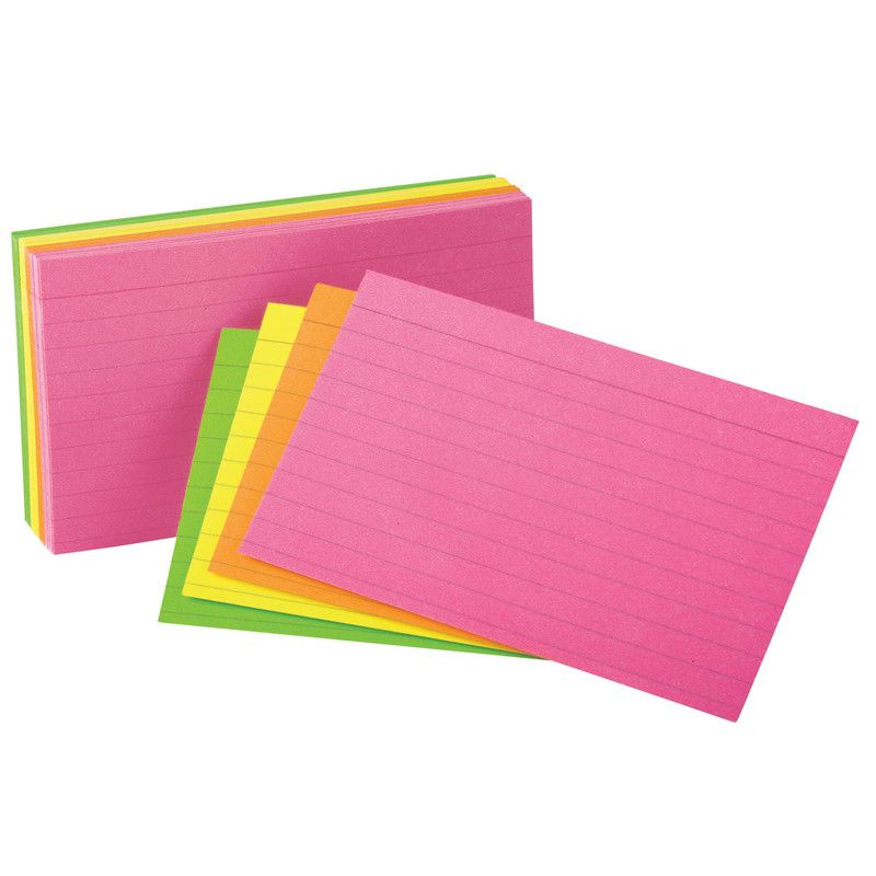 Oxford Neon Index Cards, 4" x 6", Ruled, Assorted Colors, Pack of 100, 1 of 2