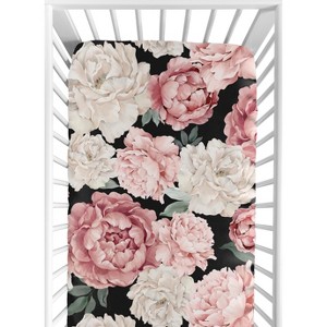 Sweet Jojo Designs Girl Baby Fitted Crib Sheet Peony Floral Garden Black and Pink - 1 of 4