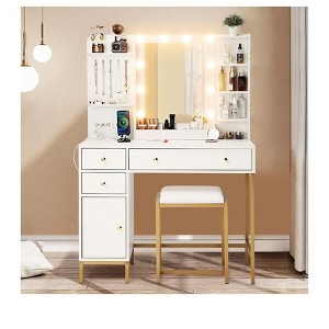 Makeup Vanity Table with Mirror Chair and Charging Station 3 Lighting Modes Drawers and Shelves for Bedroom - 1 of 4
