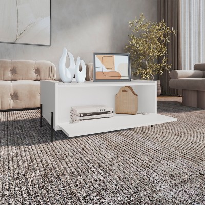 Vynxaria 15" High Minimalistic Coffee Table ¨C Stylish White Table with Pull-Down Cabinet and Open Shelf