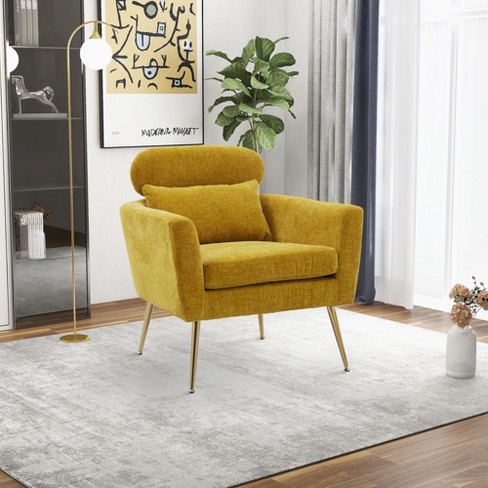 29.5 Modern Chenille Accent Armchair With Gold Metal Legs And Throw  Pillow, Mustard - Modernluxe : Target