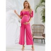 Women's Maternity Summer Cutout Jumpsuits Puff Short Sleeve Sweetheart Neck Ruffle Casual High Waist Wide leg Rompers - 3 of 4