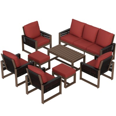 EAGLE PEAK Natural Cedar Wood Conversation Set, Outdoor Patio Furniture with 2 Ottomans and Coffee Table