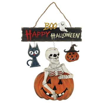 Northlight 14.5" Skeleton with Jack-O-Lanterns and Black Cat "Happy Halloween" Wall Sign