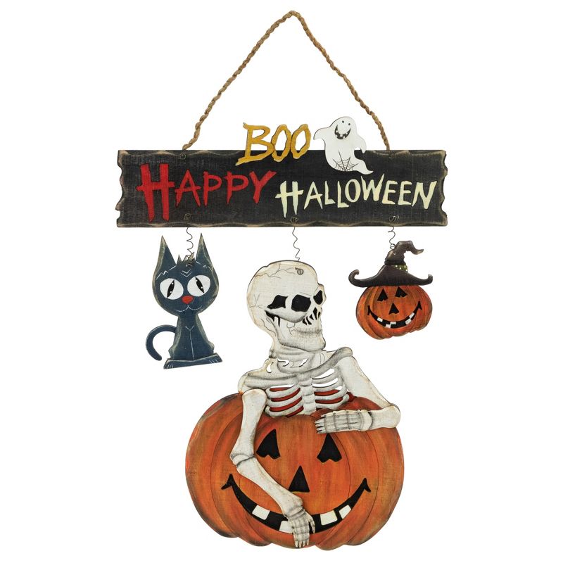 Northlight 14.5" Skeleton with Jack-O-Lanterns and Black Cat "Happy Halloween" Wall Sign, 1 of 7