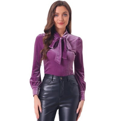 INSPIRE CHIC Women's Vintage Solid Gothic Velvet Dressy Bow Tie Neck Business Shirt