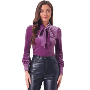 INSPIRE CHIC Women's Vintage Solid Gothic Velvet Dressy Bow Tie Neck Business Shirt - 1 of 4