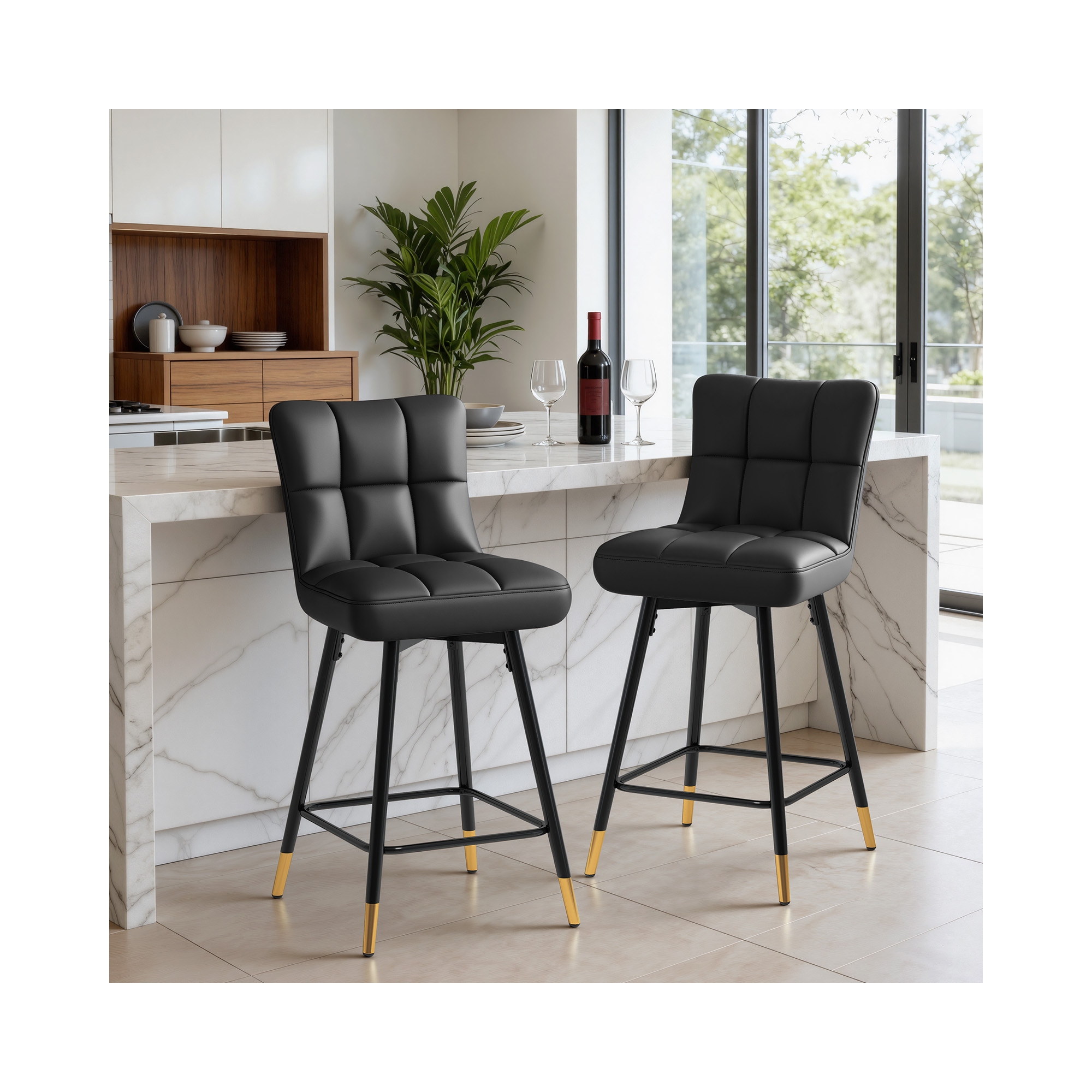 Bekrvio 26" Swivel Counter Height Bar Stools Set of 2,Modern Faux Leather Upholstered with Back,Counter Stool Chairs for Kitchen Island,Black