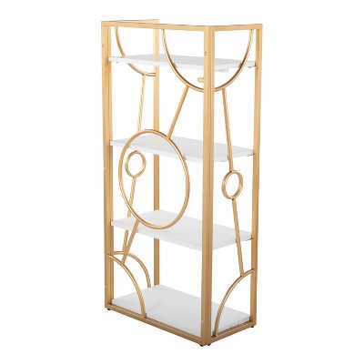 White Wood and Gold Metal Geometric 4-Tier Bookcase