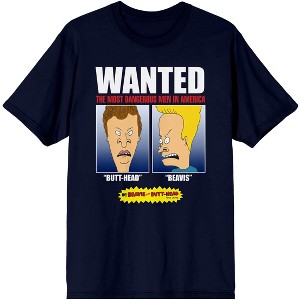 Beavis and Butthead Wanted Poster MTV Cartoon Mens Navy Graphic Tee Shirt - 1 of 2