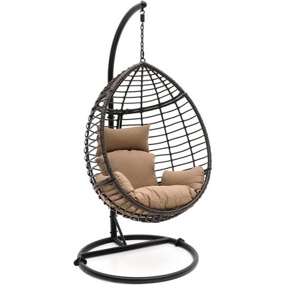 SereneLife Hanging Egg Indoor Outdoor Patio Wicker Rattan Lounge Chair with Stand - Black
