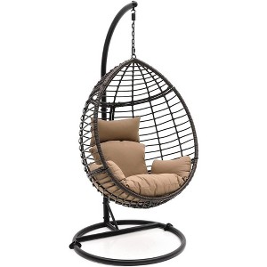 SereneLife Hanging Egg Indoor Outdoor Patio Wicker Rattan Lounge Chair with Stand - Black - 1 of 4
