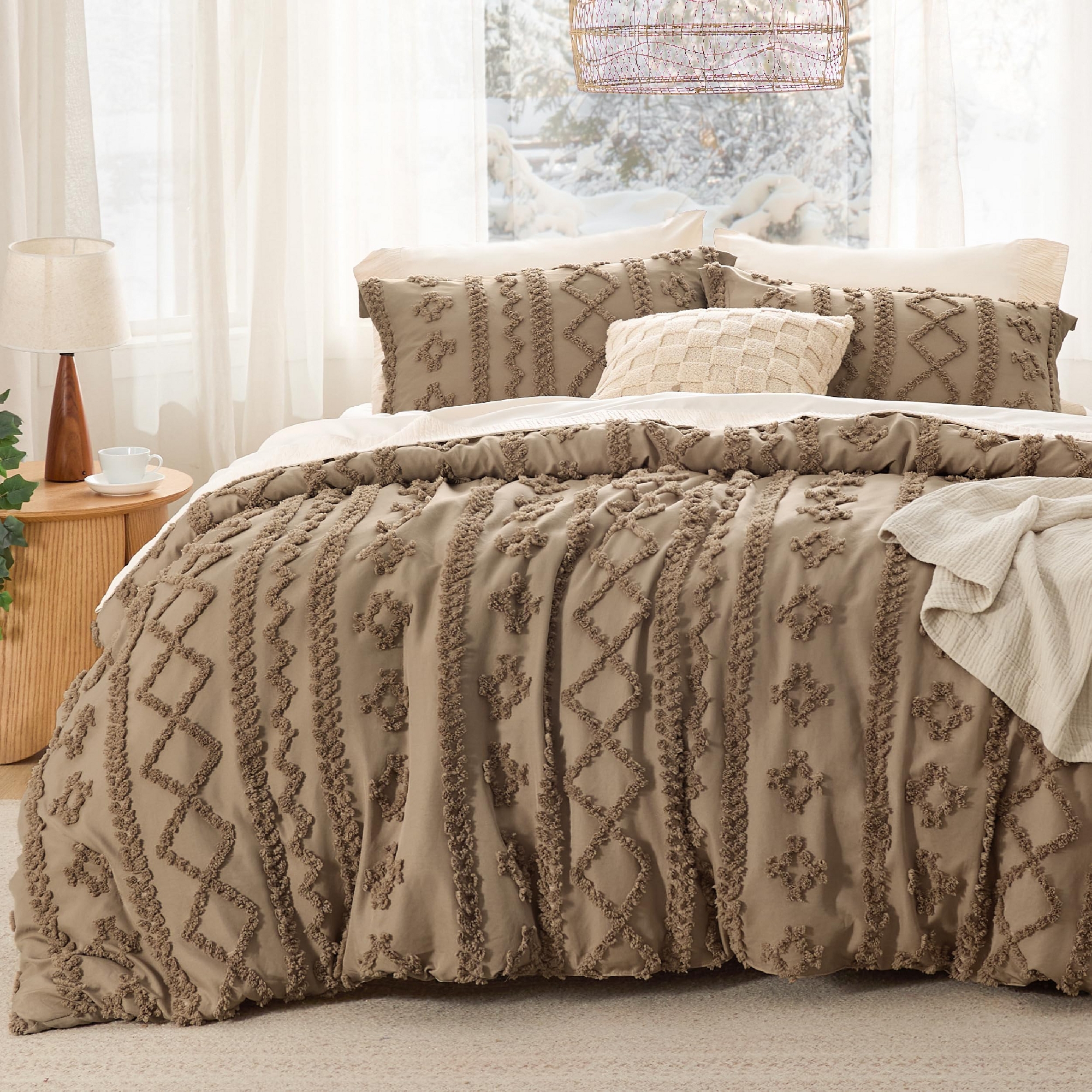 3Pcs Tufted Boho Farmhouse Shabby Chic Embroidery Brown King Size Comforter Set - Bedsure
