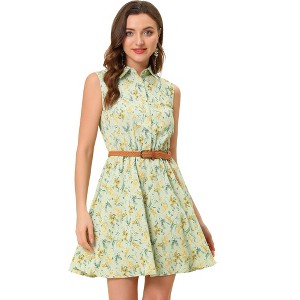 INSPIRE CHIC Women's Floral Sleeveless Half Placket Mini Belted Summer Dress - 1 of 4