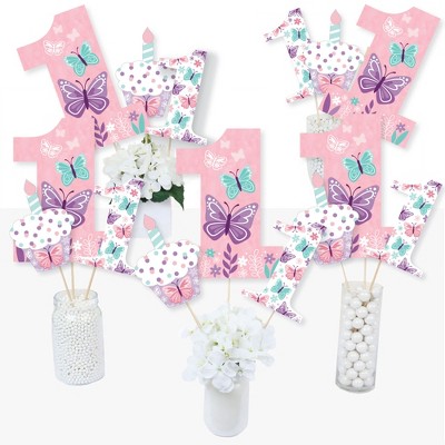 Big Dot of Happiness 1st Birthday Beautiful Butterfly - Floral First Birthday Party Centerpiece Sticks - Table Toppers - Set of 15