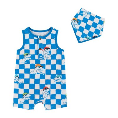Image of Andy & Evan Infant  Blue Check Dino Print Knit Tank Romper w/Bib, Size 6-9 Months.