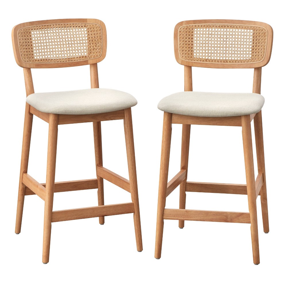 Buylateral 2pk Newington Cane Counter Height Barstools Light Oak Finish/Beige