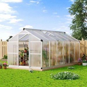 8x12 Ft Aluminum Large Walk-in Greenhouse, Polycarbonate Greenhouse with Adjustable Roof Vent for Outdoors, Greenhouse for Patio, Lawn - 1 of 4