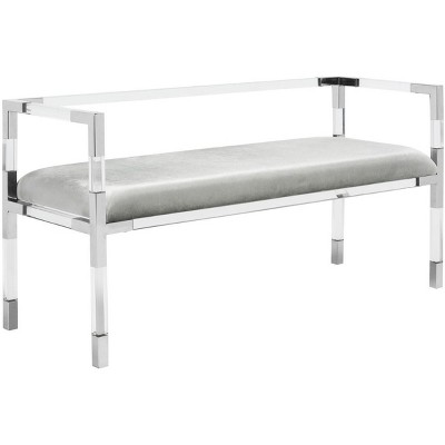 Anastasia Gray Upholstered Acrylic Bench with Brass Accents