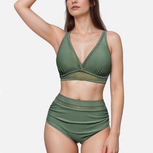 Anna-Kaci Swim Women's Two Piece Swimsuit with Mesh Trim Deep V Neck Bikini Top and High Waisted Ruched Bottoms - 1 of 4